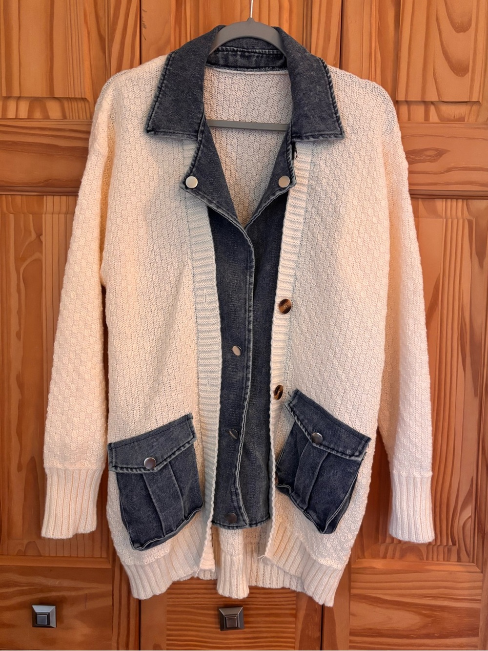 Boutique Cream Knit Cardigan with Washed Blue Denim Trim